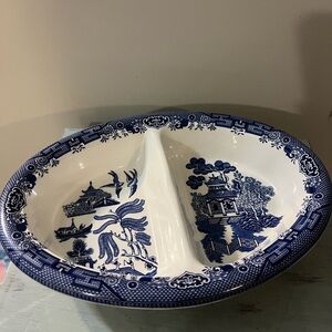 Churchill Blue and White Blue Willow Divided Serving Bowl